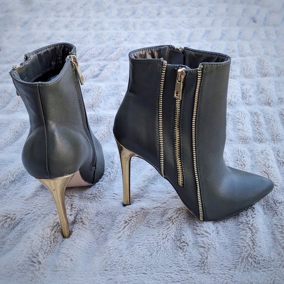 CATHERINE MALANDRINO Gold Stiletto Heel Zipper Detail Olive Green Ankle Boot Sz8 - Picture 6 of 12